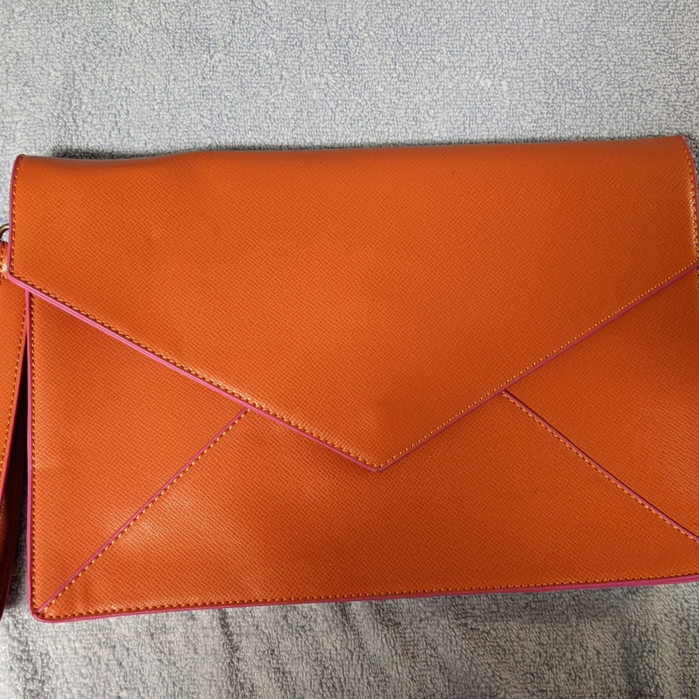 SHIRALEAH Flaws Large Envelope Clutch Tangerine Vegan Leather with 9" wristlet…